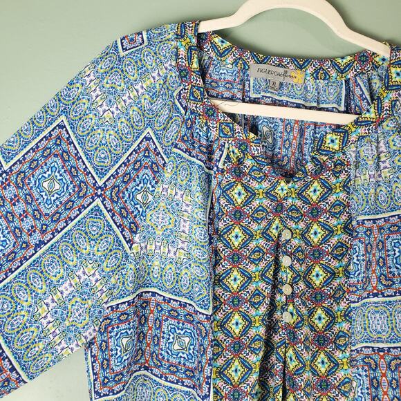 Figueora & Flower Womens Blue Geometric Pattern Boho Peasant Blouse Size XL - Picture 4 of 6